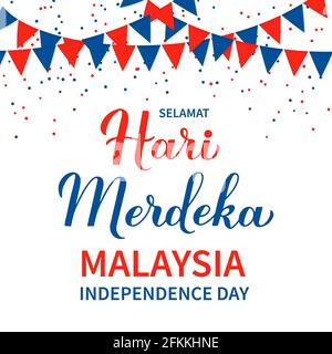 Hari Merdeka - Independence Day scritta in lingua malese. Festa nazionale in Malesia. Modello vettoriale per poster tipografico, banner, messaggio di saluto Illustrazione Vettoriale