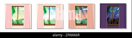 Finestre con orari diversi del giorno, estate, paesaggio. Mattina, giorno, sera, notte fuori dalla finestra con tende, vista dalla camera. Appartamento moderno Illustrazione Vettoriale