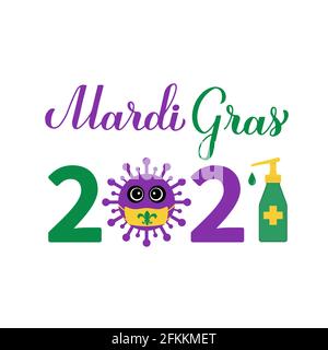 Mardi Gras 2021 calligrafia lancetta con cute virus indossare maschera. Fat Martedì tradizionale carnevale a New Orleans due covid pandemic. Vettore te Illustrazione Vettoriale