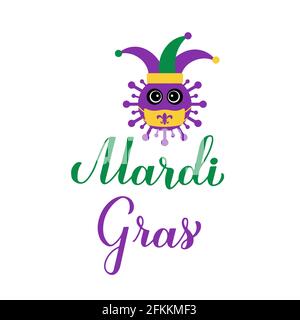 Mardi Gras calligrafia mano con cute virus indossare maschera. Fat Martedì tradizionale carnevale a New Orleans due covid pandemic. Templat vettore Illustrazione Vettoriale