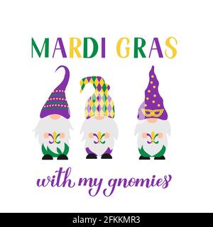 Mardi Gras scritta a mano con simpatici gnomi nordici. Fat Martedì tradizionale carnevale a New Orleans. Modello vettoriale per banner, volantino, poster, t-shirt Illustrazione Vettoriale