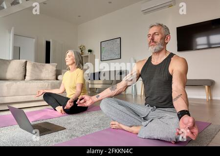 La coppia anziana meditating facendo yoga virtuale pone guardare la classe in linea a casa. Foto Stock
