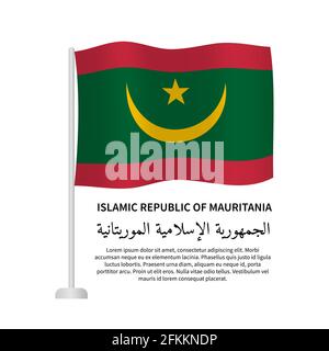 Repubblica Islamica Mauritania scritta in inglese e in arabo. Bandiera mauritana realistica isolata su bianco. Modello vettoriale per poster tipografico, b Illustrazione Vettoriale