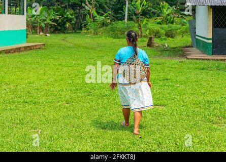 Donna indigena Kichwa in abbigliamento tradizionale e cestino di raccolta per frutta e verdura, foresta pluviale amazzonica, parco nazionale Yasuni, Ecuador. Foto Stock