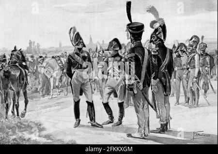 La didascalia di questa illustrazione del 1896 recita: "Le meravigliose Drum-Majors disegnate da P Grolferon". Dalla vita di Napoleone Bonaparte, volume III, di William Milligan Sloane. Come Napoleone i, fu imperatore dei francesi dal 1804 al 1814, e di nuovo nel 1815. Un comandante maggiore o di campo del tamburo è il capo di una fascia di marcia, del tamburo e dei corpi di bugle, o della fascia di tubo, solitamente posizionata alla testa della fascia o dei corpi. Il tamburo maggiore è spesso vestito con abiti più ornati rispetto al resto della band o corpo ed è responsabile di fornire comandi all'ensemble, guidandoli durante la marcia, e dirigendo Foto Stock