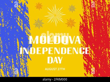 Scritta Moldavia Independence Day con bandiera. Festa nazionale celebrata il 27 agosto. Modello vettoriale per poster tipografico, banner, biglietto d'auguri, Illustrazione Vettoriale