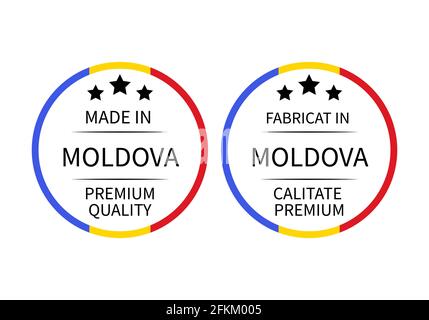 Etichette rotonde in Moldavia in inglese e in rumeno . Icona vettore del contrassegno di qualità. Perfetto per il design di logo, tag, badge, adesivi, emblema, Illustrazione Vettoriale