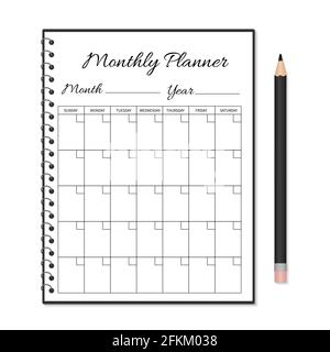 Modello pianificatore mensile. Pagina bianca vuota del notebook con matita isolata in bianco. Pagina dell'organizer. Foglio di carta. Cancelleria per l'istruzione, l'ufficio, la vita Illustrazione Vettoriale