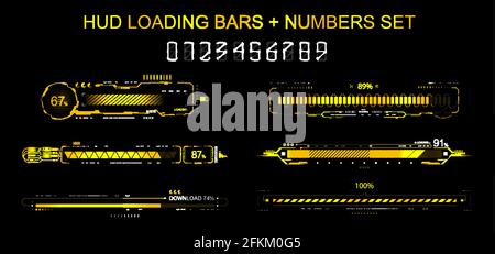 HUD avanzamento caricamento raccolta barre. Linee di avanzamento futuristico - download, upload, time line, caricamento per GUI, UI, App, web design e altro Illustrazione Vettoriale