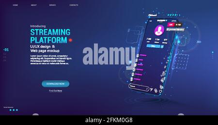 Streaming video live sul telefono cellulare. Trasmissione online con chat, mi piace e emoji. Streaming di video online su smartphone con l'applicazione dell'interfaccia utente - streaming Illustrazione Vettoriale