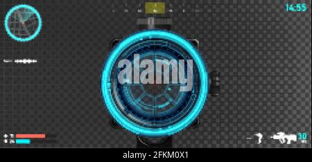 Layout sparatutto in prima persona, campo di sniper con cappuccio ologramma ed elementi di interfaccia di gioco - mini mappa, armatura e vite, bussola, munizioni, armi e. Illustrazione Vettoriale