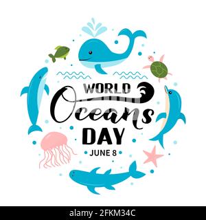 World Oceans Day calligrafia scritta a mano con animali marini in stile piatto isolato su bianco. Poster tipografico per la conservazione dell'ambiente. Templ. Vettore Illustrazione Vettoriale