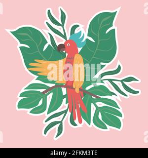Adesivo estivo con foglie e simpatico vettore pappagallo illustrazione Illustrazione Vettoriale