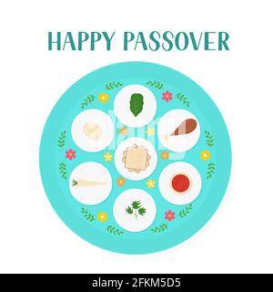 Piatto di sidro Passover con cibo tradizionale isolato su bianco. Pasqua ebraica. Modello vettoriale facile da modificare per poster, biglietto di auguri, banner, i Illustrazione Vettoriale