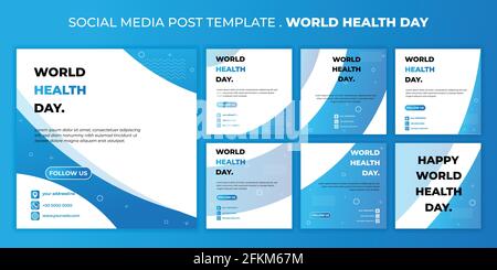 Design giornata della salute mondiale con modello post social media. Set di template post social media con design blu geometrico. Buon modello per banner web o. Illustrazione Vettoriale