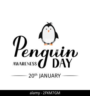 Penguin Awareness Day lettering e carino pinguino del bambino cartoon. Poster tipografico del concetto di ecologia. Modello vettoriale facile da modificare per banner, messaggio di saluto ca Illustrazione Vettoriale