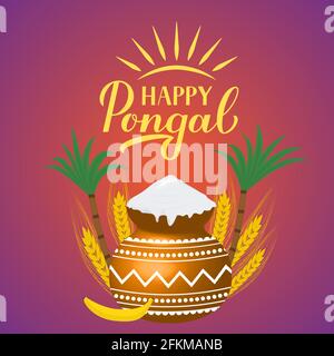 Felice illustrazione vettoriale Pongal con calligrafia mano, pentola e canna da zucchero. Festa dell'India del sud. Festa di raccolto indù. Facile da modificare templa Illustrazione Vettoriale