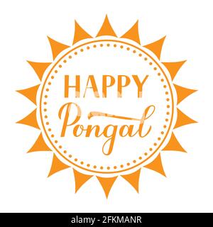 Felice calligrafia Pongal scritta a mano isolato su bianco. Poster tipografico delle vacanze indiane del sud. Festa di raccolto indù. Facile da modificare il templat vettoriale Illustrazione Vettoriale