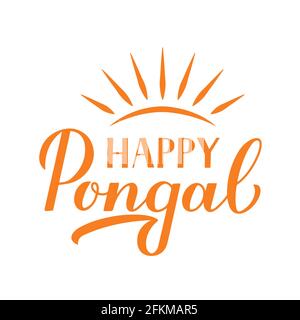 Felice calligrafia Pongal scritta a mano isolato su bianco. Biglietto d'auguri per le festività dell'India del Sud. Festa di raccolto indù. Modello vettoriale facile da modificare Illustrazione Vettoriale