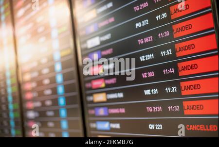 Scheda informativa o display dei voli aeroportuali e stato dell'orario di attivazione. Città e destinazioni diverse da tutto il mondo. Foto Stock