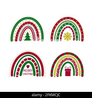 Set di Natale Boho Rainbows. Collezione di clipart per le vacanze invernali disegnate a mano. Elementi vettoriali per banner, poster, volantino, biglietto d'auguri, camicia, ecc. Illustrazione Vettoriale