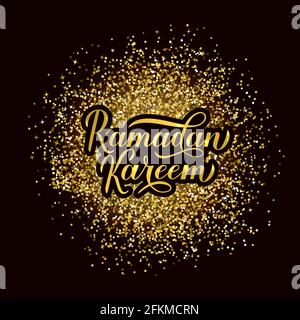 Ramadan Kareem calligrafia su sfondo oro glitter texture. Illustrazione vettoriale tradizionale islamica. Modello facile da modificare per banner, gr Illustrazione Vettoriale