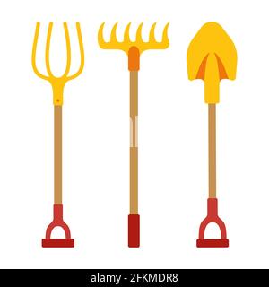 Set per pala, forchetta e rastrello per cartoni animati. Attrezzatura per attività all'aperto simbolo di scavo. Giardinaggio rurale, raccolta di attrezzature per la costruzione. Illustrazione vettoriale del concetto di giardino disegnato a mano Illustrazione Vettoriale