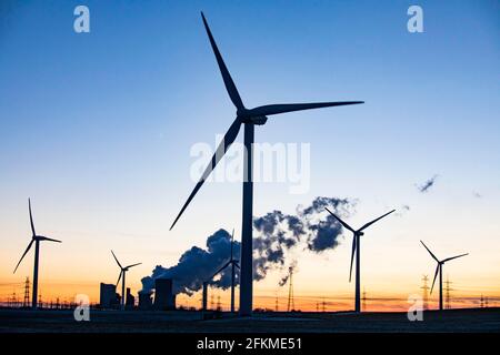 Turbine eoliche di fronte alla centrale a vapore alimentata a carbone al tramonto, transizione energetica, energia fossile e rinnovabile, Niederaussem, Nord Foto Stock