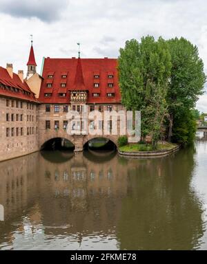 Case a Pegnitz, Ospedale dello Spirito Santo, Norimberga, Franconia Centrale, Baviera, Germania Foto Stock