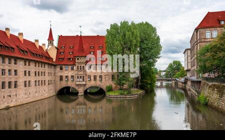 Case a Pegnitz, Ospedale dello Spirito Santo, Norimberga, Franconia Centrale, Baviera, Germania Foto Stock