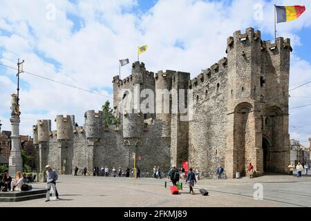 Water Castle Gravensteen, Sint Veerleplein, Città Vecchia, Gand, Fiandre Orientali, Fiandre, Belgio Foto Stock