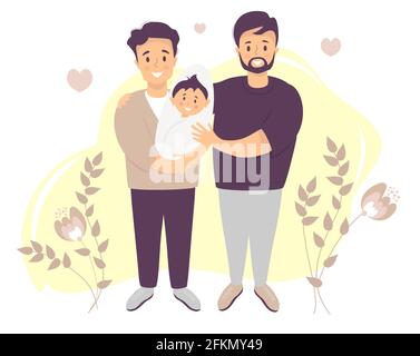 Coppia gay maschio che adotta il bambino. Due uomini felici che tengono il bambino nato nuovo. Illustrazione vettoriale. Felice famiglia LGBT con un bambino si alza. Giorno dei padri - chil Illustrazione Vettoriale