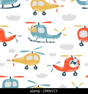 Modello infantile senza cuciture con elicottero carino. Texture creativa per tessuti, tessuti Illustrazione Vettoriale