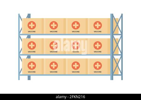 Rack per la conservazione del vaccino del coronavirus. Magazzino con vaccini covidi. Campagna antivirus. Illustrazione vettoriale su stile piatto su sfondo bianco Illustrazione Vettoriale