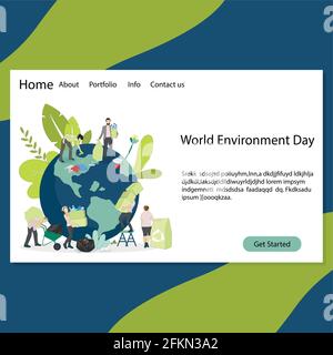 Pagina di destinazione del giorno dell'ambiente del mondo, tema del giorno dell'ambiente 2021. Poster del giorno dell'ambiente vettoriale. Pianeta internazionale protetto eco-friendly, orecchio della natura Illustrazione Vettoriale