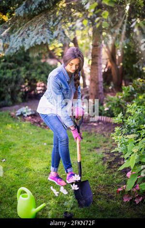 Tiro a tutta lunghezza di giovane donna scavando il terreno in primavera con una spata per rendere il giardino pronto per la piantagione. Foto Stock