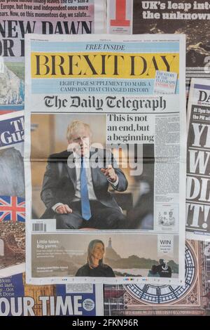 La prima pagina del Daily Telegraph ('non è una fine, ma un inizio') il 31 gennaio 2020 il giorno della 'Brexit' del Regno Unito dall'Unione europea. Foto Stock