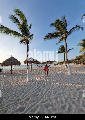 Palm Beach Aruba Caribbean, spiaggia di sabbia bianca con palme a Aruba Antille, donna rilassante sulla spiaggia Foto Stock