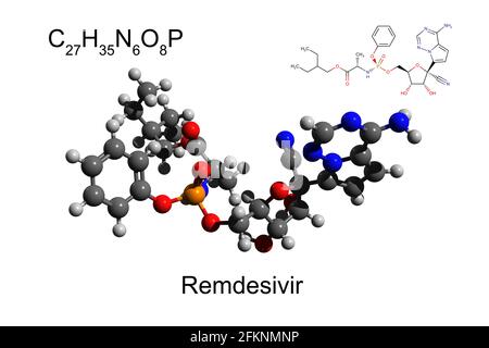 Formula chimica, formula scheletrica e modello 3D a sfera e bastone di remdesivir, un farmaco antivirale efficace contro Covid-19, fondo bianco Foto Stock