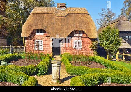 16 ° secolo cottage con tetto di paglia a Furzey Gardens, Minstead, Hampshire Foto Stock