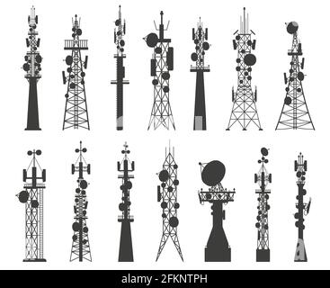 Silhouette della torre della radio. Antenna di comunicazione satellitare. Apparecchiature di trasmissione cellulare della rete di telecomunicazione. Set vettoriale per tecnologia wireless Illustrazione Vettoriale