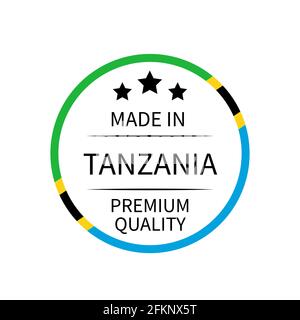 Prodotto in Tanzania etichetta rotonda. Icona del vettore del contrassegno di qualità isolata in bianco. Perfetto per il design di logo, tag, badge, adesivi, emblema, confezione del prodotto, et Illustrazione Vettoriale