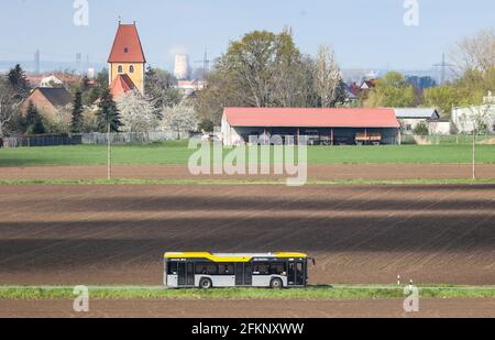 Lipsia, Germania. 03 maggio 2021. Un autobus della linea 130 percorre una strada di campagna fuori città. Secondo le sue informazioni, Leipziger Verkehrsbetriebe (LVB) gestisce 47 linee di autobus e 13 linee di tram a Lipsia e nella zona circostante. Essi sono inoltre integrati nel Mitteldeutscher Verkehrsverbund (MDV). Credit: Jan Woitas/dpa-Zentralbild/ZB/dpa/Alamy Live News Foto Stock