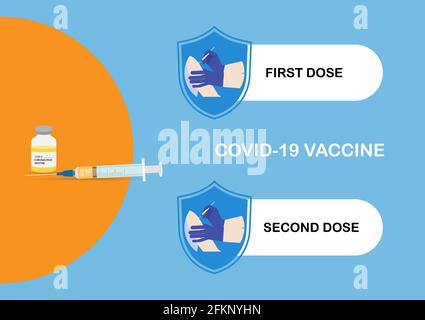 Due dosi di vaccinazione con covid-19. Illustrazione vettoriale del vaccino, della siringa e dell'iniezione di covid-19. Illustrazione Vettoriale