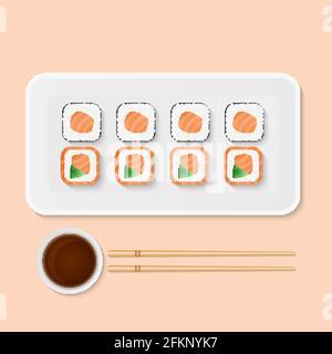 Vista dall'alto del sushi roll al salmone. Cibo giapponese. Ristorante di pesce orientale. Cucina Asiatica. Illustrazione vettoriale piatta Cartoon. Modello facile da modificare per Illustrazione Vettoriale