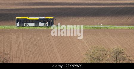 Lipsia, Germania. 03 maggio 2021. Un autobus della linea 130 percorre una strada di campagna fuori città. Secondo le sue informazioni, Leipziger Verkehrsbetriebe (LVB) gestisce 47 linee di autobus e 13 linee di tram a Lipsia e nella zona circostante. Essi sono inoltre integrati nel Mitteldeutscher Verkehrsverbund (MDV). Credit: Jan Woitas/dpa-Zentralbild/ZB/dpa/Alamy Live News Foto Stock