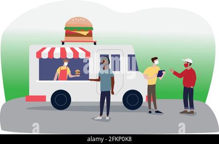 uno scenario accanto a un carrello per hamburger e clienti e dipendenti che interagiscono tra loro . Illustrazione Vettoriale