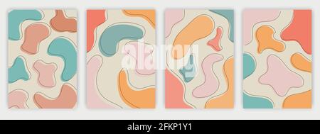 Set of art Cover colorati dei social media astratti, fiori, foglie autunnali e poster delle piante in colori pastello. Illustrazione Vettoriale