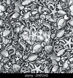 Fumetti doodles Sea Life modello senza giunture. Sfondo con simboli e oggetti subacquei. Sfondo dettagliato monocromatico per la stampa su tessuto, tessuto, ph Illustrazione Vettoriale