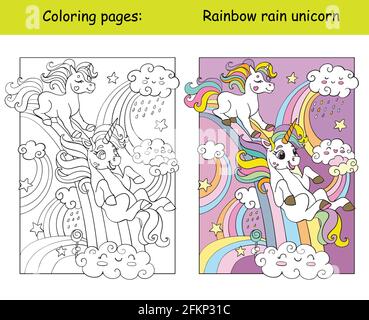 Simpatici unicorni cavalcano l'arcobaleno. Pagina del libro da colorare per i bambini con modello colorato. Illustrazione isolata di cartoni animati vettoriali. Per colorazione Illustrazione Vettoriale